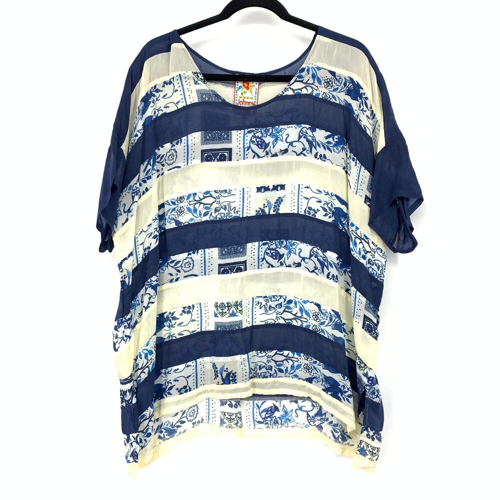 Johnny Was Top Womens L Blue Ivory Mixed Print Patchwork Stripe Oversized
